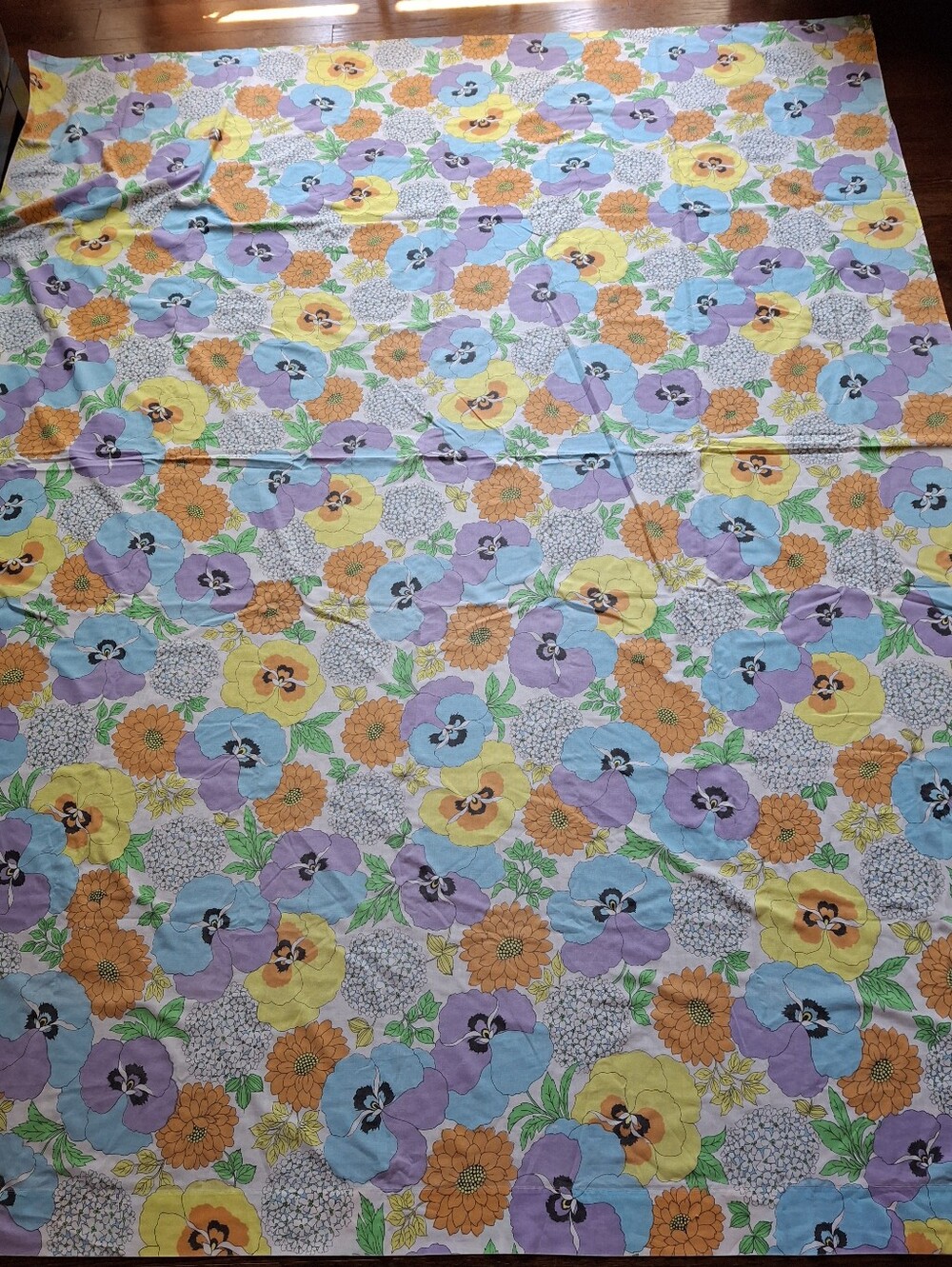 Vintage Floral Pansy Flat Sheet in Colourful Yellow, Blue, Orange & Lavender